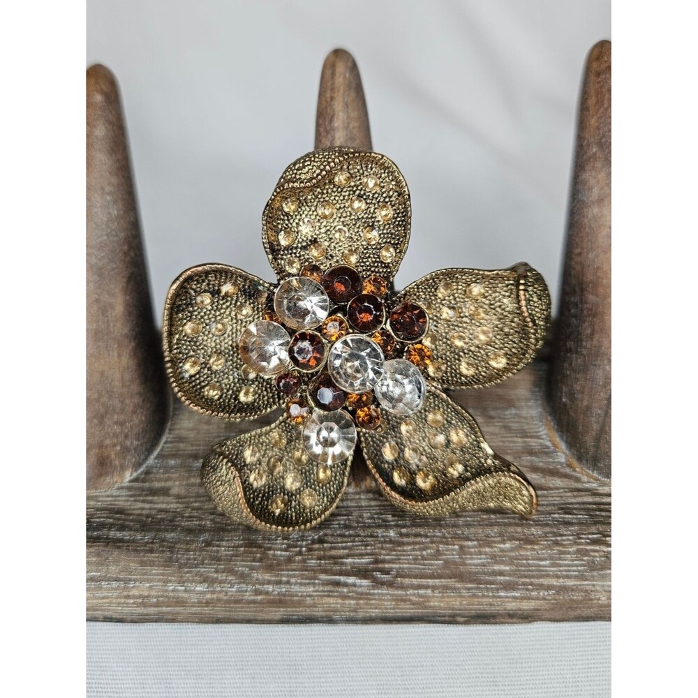 Antiqued Gold Tone Rhinestone Flower Stretch Ring - Smoked Topaz Boho Statement